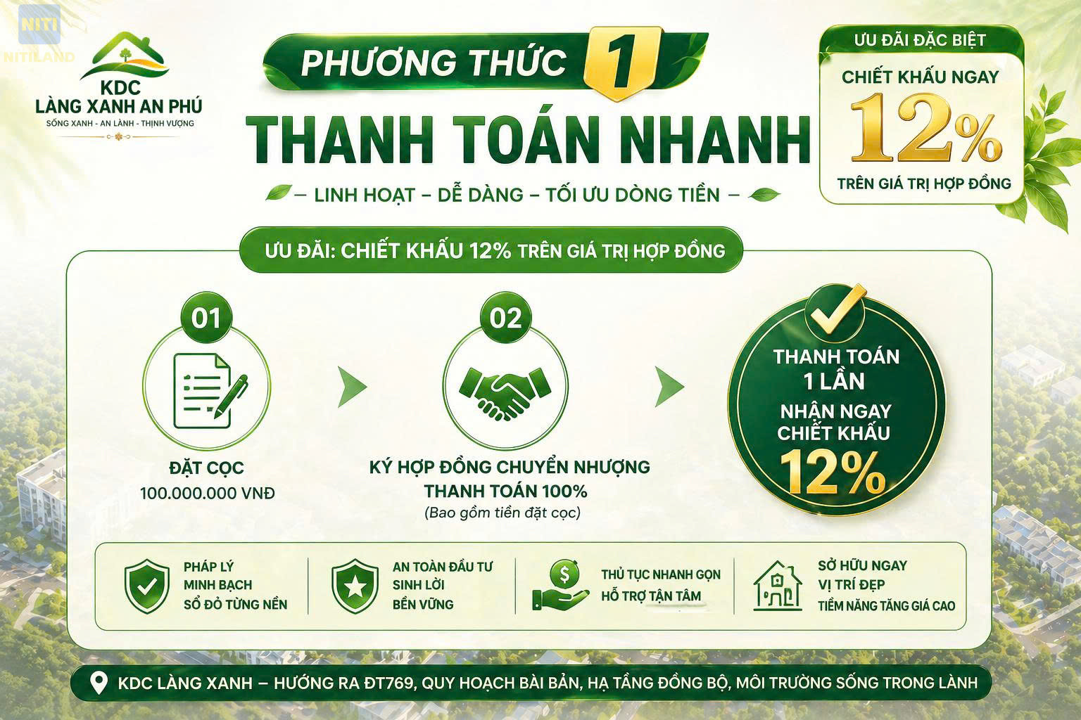 Chính sách thanh toán tại KDC Làng Xanh An Phú phương thức 1 thanh toán nhanh chiết khấu 12%