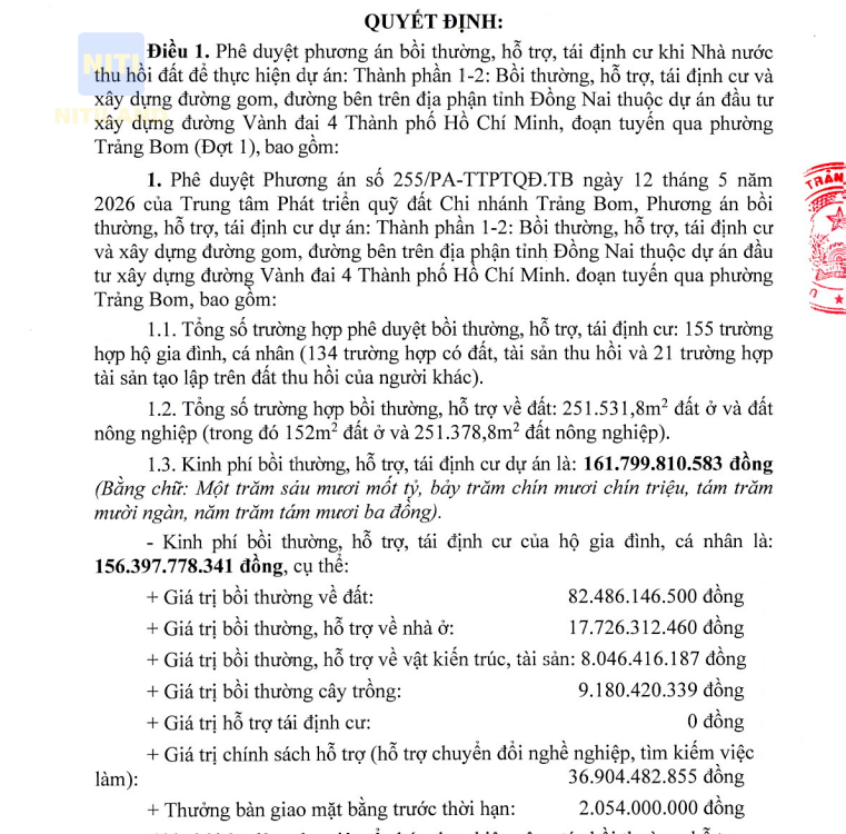 Quyết định phê duyệt phương án bồi thường vành đai 4