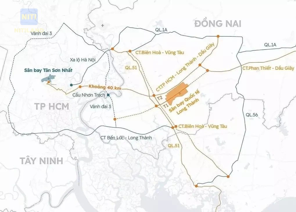 Vị trí sân bay Long Thành và Tân Sơn Nhất cùng các tuyến kết nối