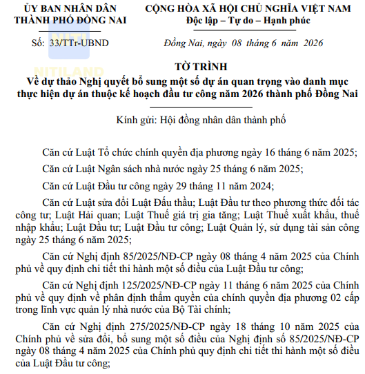 Tờ trình dự án mới tại Đồng Nai